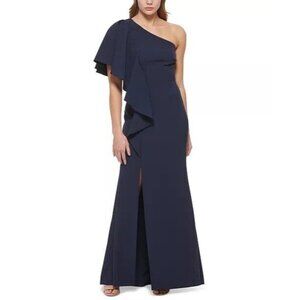 Vince Camuto Womens Sz 12 Navy Blue Long One Shoulder Formal Evening Dress Gown